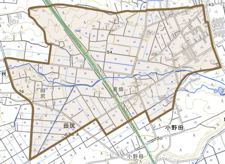 大字田尻とその周辺の地図。町の範囲を重ねている