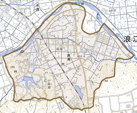 大字高瀬とその周辺の地図。町の範囲を重ねている