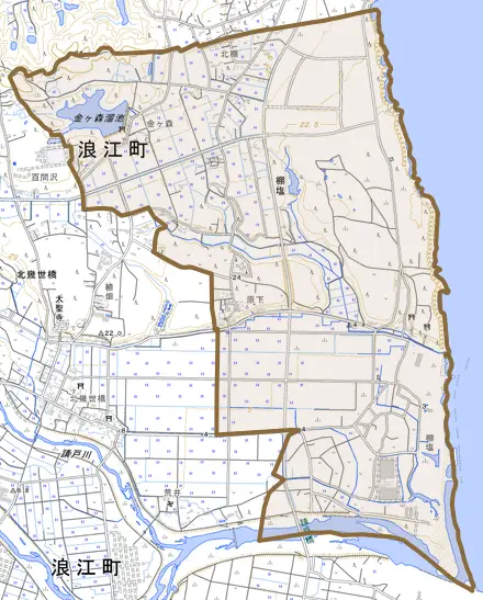 大字棚塩とその周辺の地図。町の範囲を重ねている