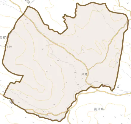 大字津島とその周辺の地図。町の範囲を重ねている