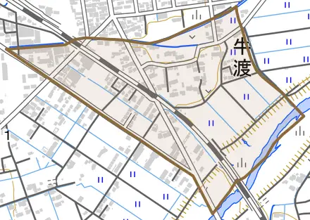 大字牛渡とその周辺の地図。町の範囲を重ねている