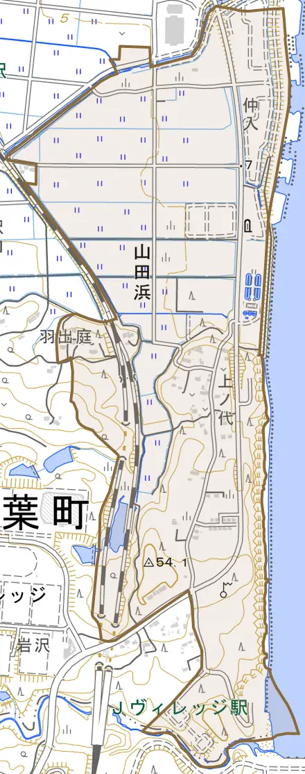 大字山田浜とその周辺の地図。町の範囲を重ねている