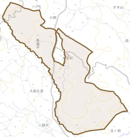 馬場平とその周辺の地図。町の範囲を重ねている