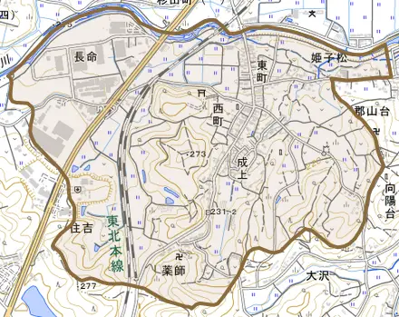 長命とその周辺の地図。町の範囲を重ねている