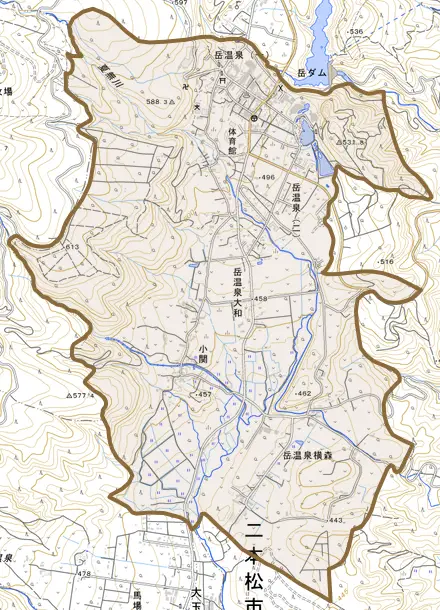 岳温泉とその周辺の地図。町の範囲を重ねている