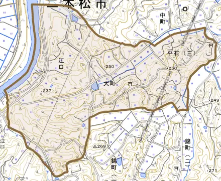 江口とその周辺の地図。町の範囲を重ねている