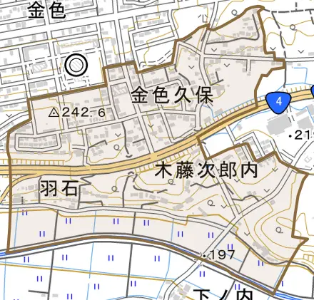 羽石とその周辺の地図。町の範囲を重ねている