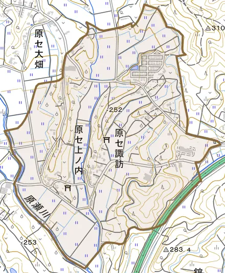 原セ上ノ内とその周辺の地図。町の範囲を重ねている