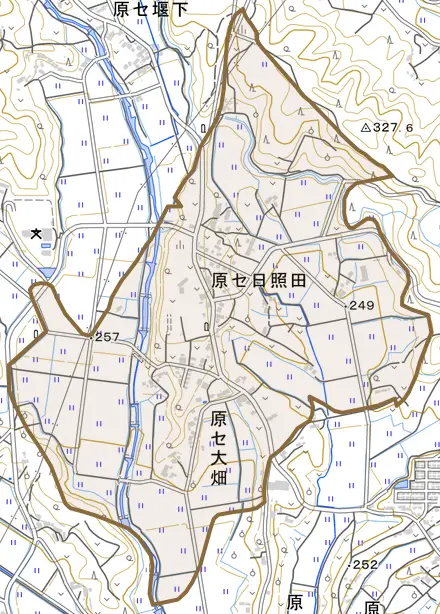 原セ大畑とその周辺の地図。町の範囲を重ねている
