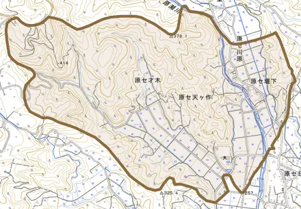 原セ堰下とその周辺の地図。町の範囲を重ねている