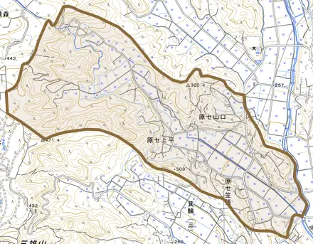 原セ山口とその周辺の地図。町の範囲を重ねている