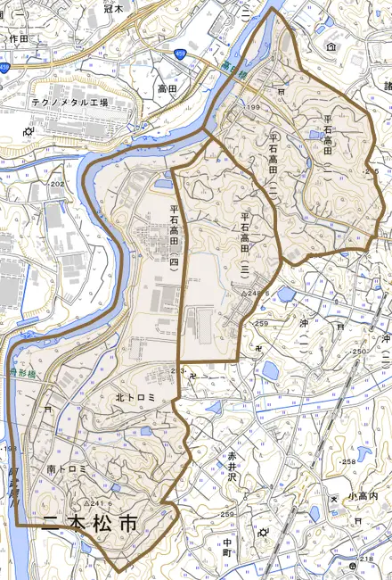 平石高田とその周辺の地図。町の範囲を重ねている