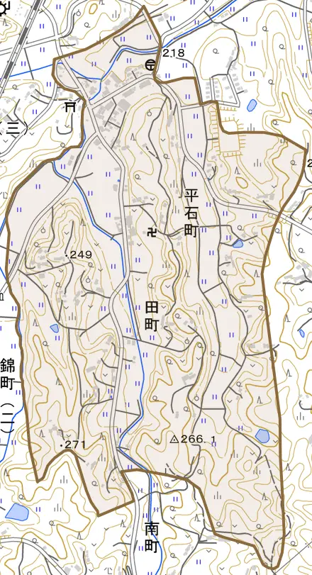 平石町とその周辺の地図。町の範囲を重ねている
