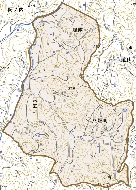 堀越とその周辺の地図。町の範囲を重ねている