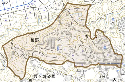 細野とその周辺の地図。町の範囲を重ねている