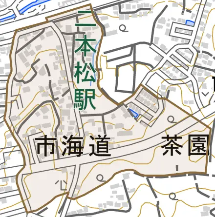 市海道とその周辺の地図。町の範囲を重ねている