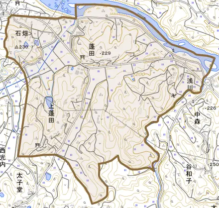 石畑とその周辺の地図。町の範囲を重ねている