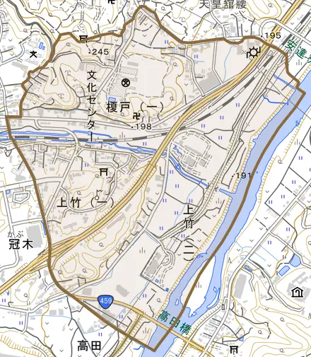 上竹とその周辺の地図。町の範囲を重ねている