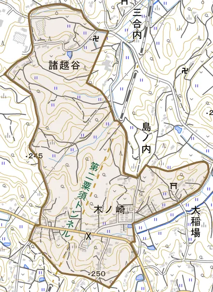 木ノ崎とその周辺の地図。町の範囲を重ねている