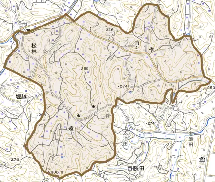 松林とその周辺の地図。町の範囲を重ねている