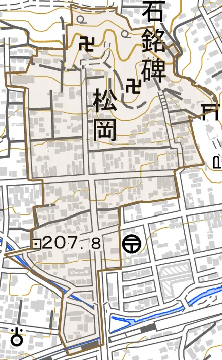 松岡とその周辺の地図。町の範囲を重ねている