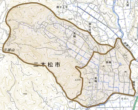 箕輪とその周辺の地図。町の範囲を重ねている