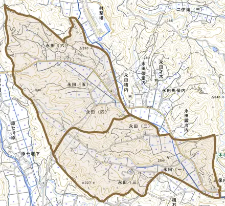 永田とその周辺の地図。町の範囲を重ねている