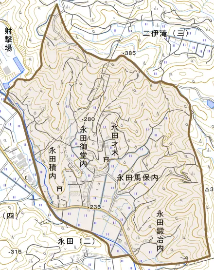 永田御堂内とその周辺の地図。町の範囲を重ねている