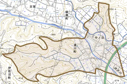 中ノ目とその周辺の地図。町の範囲を重ねている