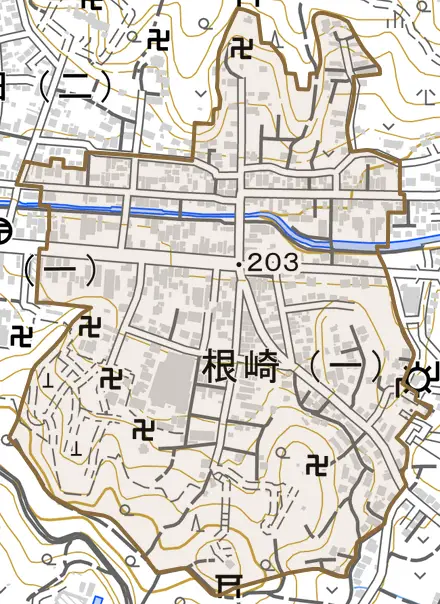 根崎とその周辺の地図。町の範囲を重ねている