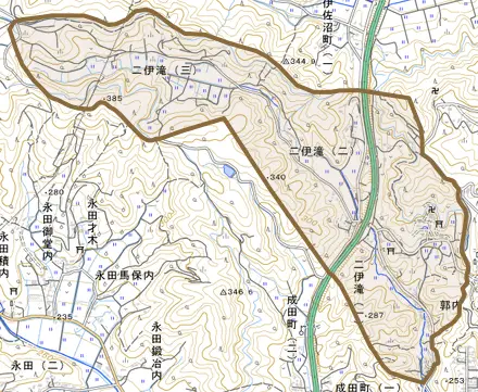 二伊滝とその周辺の地図。町の範囲を重ねている