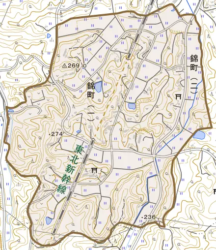 錦町とその周辺の地図。町の範囲を重ねている