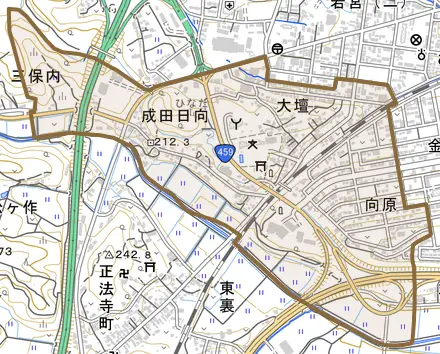 大壇とその周辺の地図。町の範囲を重ねている