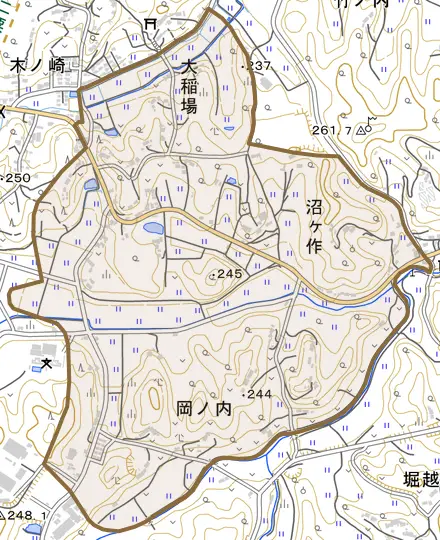 大稲場とその周辺の地図。町の範囲を重ねている