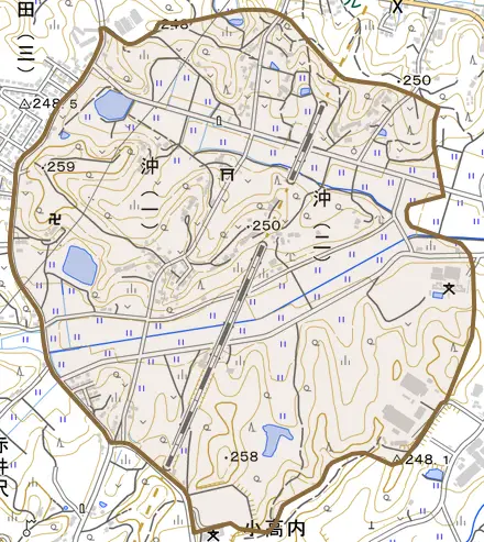 沖とその周辺の地図。町の範囲を重ねている