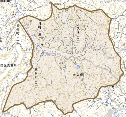 大久保とその周辺の地図。町の範囲を重ねている