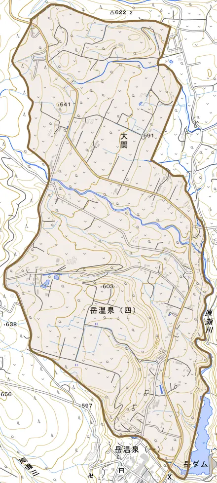 大関とその周辺の地図。町の範囲を重ねている