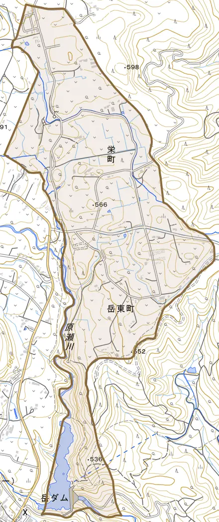 栄町とその周辺の地図。町の範囲を重ねている