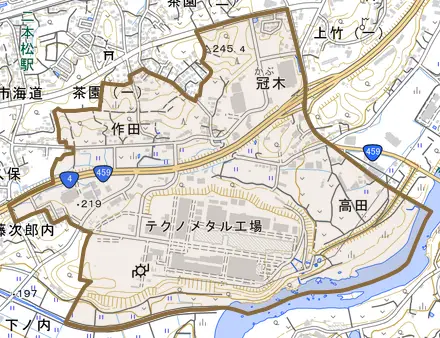 作田とその周辺の地図。町の範囲を重ねている