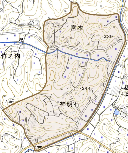 神明石とその周辺の地図。町の範囲を重ねている