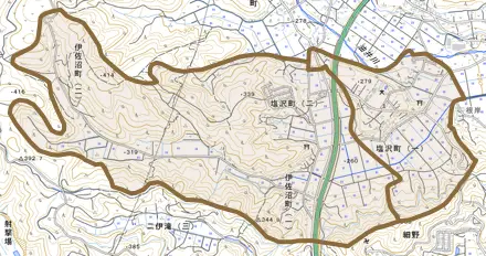 塩沢町とその周辺の地図。町の範囲を重ねている