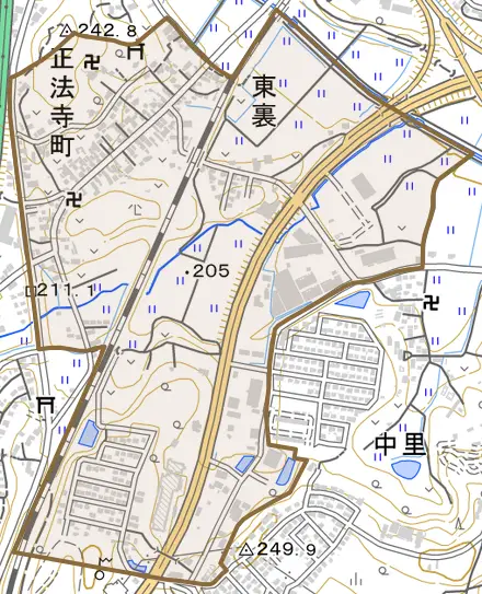 正法寺町とその周辺の地図。町の範囲を重ねている