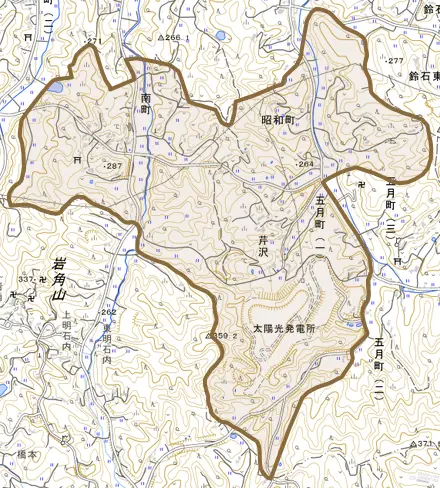 昭和町とその周辺の地図。町の範囲を重ねている
