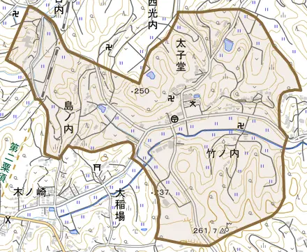 太子堂とその周辺の地図。町の範囲を重ねている
