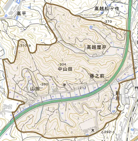 高越屋戸とその周辺の地図。町の範囲を重ねている