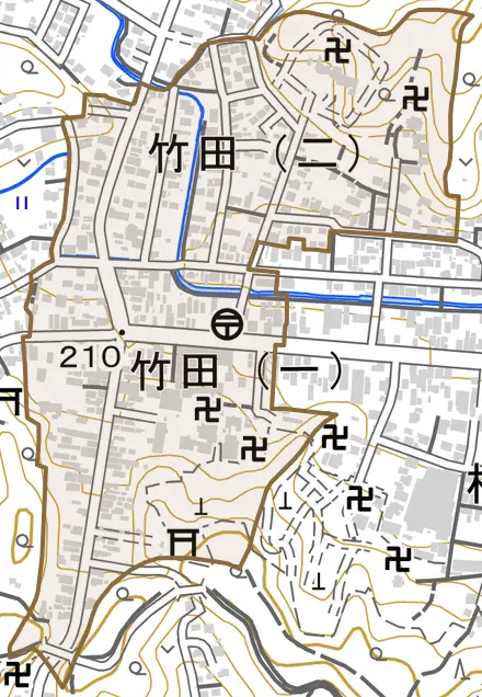 竹田とその周辺の地図。町の範囲を重ねている