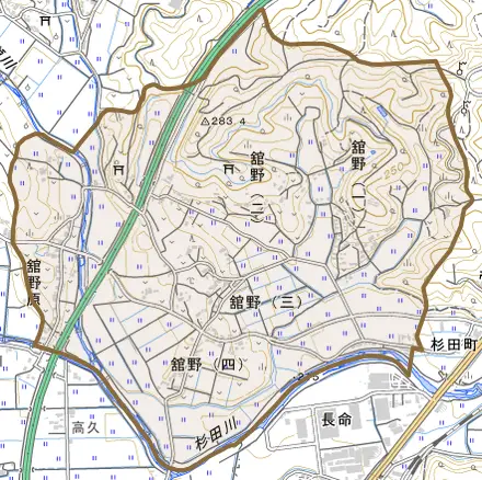 舘野とその周辺の地図。町の範囲を重ねている