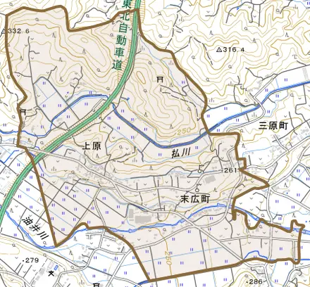 上原とその周辺の地図。町の範囲を重ねている