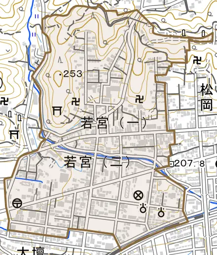 若宮とその周辺の地図。町の範囲を重ねている