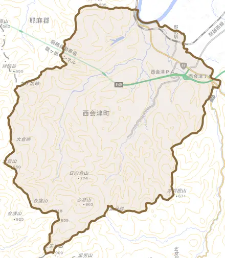 野沢とその周辺の地図。町の範囲を重ねている